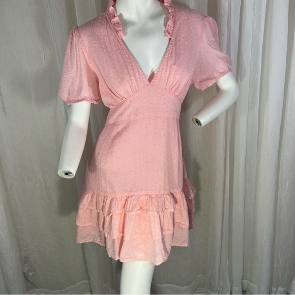 NEON Rose Ruffle V-Neck Pink Fit and Flair Dress with Swiss Dots & Ruffle Hem L - Picture 12 of 14